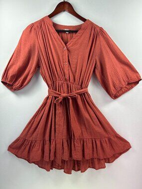 L Love Salmon Rustic Pink Quarter-length Sleeve A-line Tie Dress Size M